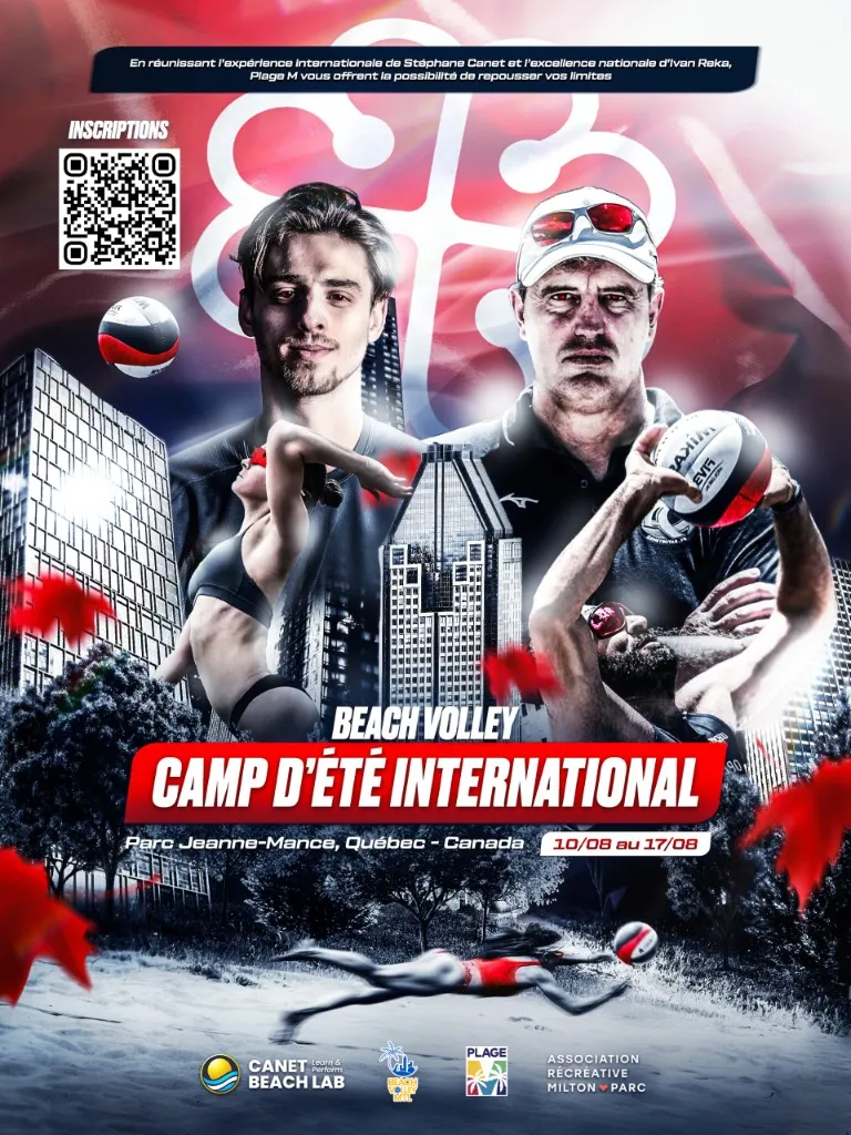 Affiche du camp d'été international de beach volley Plage M 2026, au parc Jeanne-Mance du 10 au 17 août
