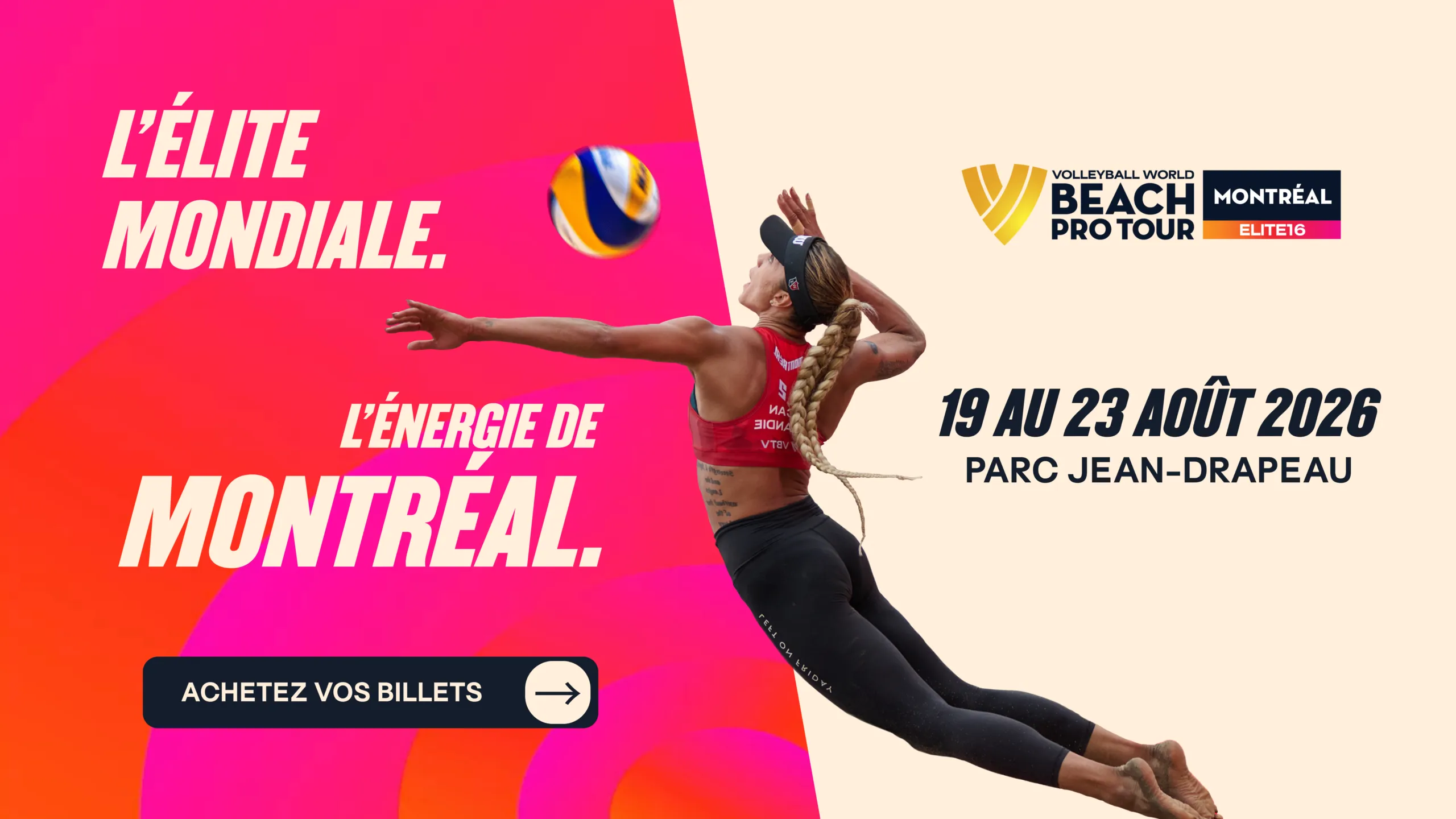 Affiche du Beach Pro Tour Élite 16 Montréal 2026, présenté au parc Jean-Drapeau du 19 au 23 août