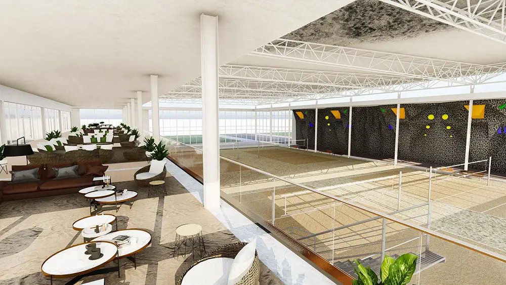 Rendu du lounge de la mezzanine avec ses canapés et ses tables, en surplomb des terrains